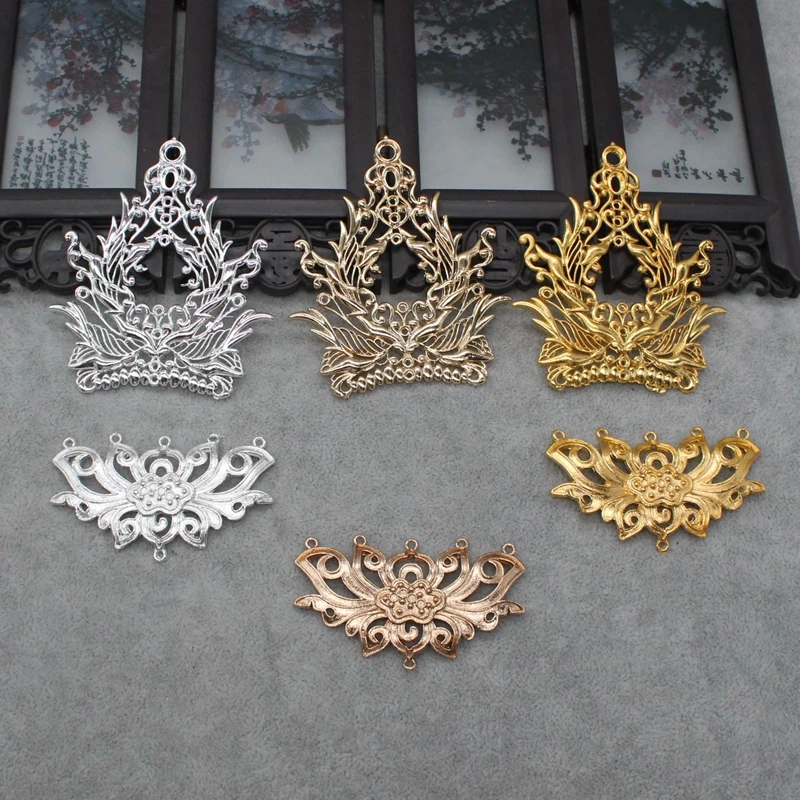 Metalowy filigranowy duży wisiorek feniks korona DIY Handmade materiał stop pozłacany kosz z kroplami wody Tassel Lotus akcesoria