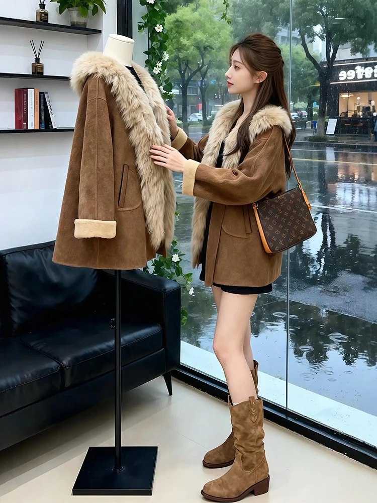 

Korean Style Thickened Medium Length Woolen Coat for Women with Large Fur Collar Fashionable And Beautiful plus Size Coat