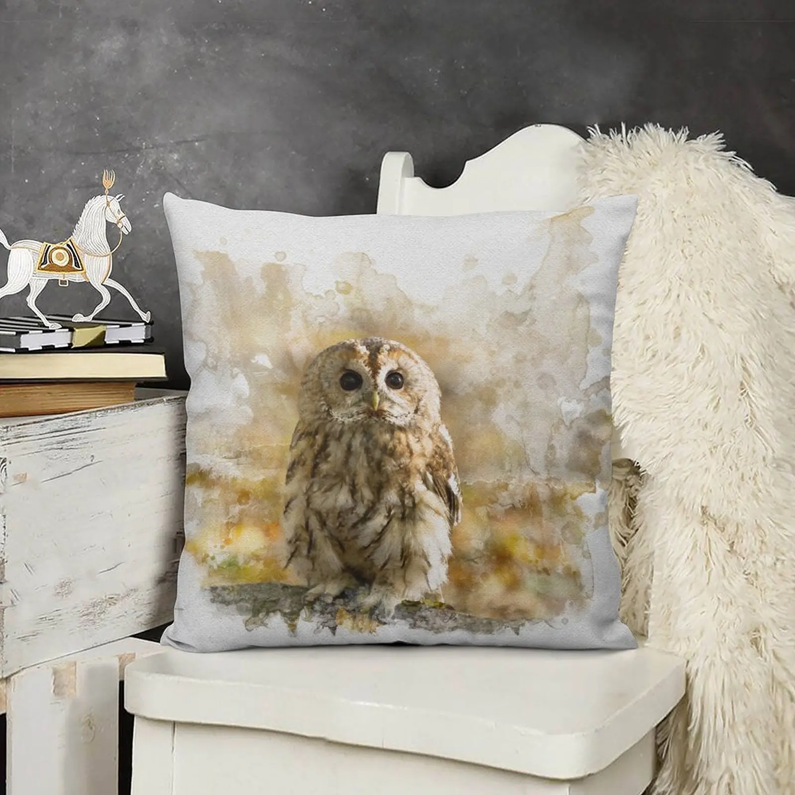 Aquarellfotografie mit Tawny Owl. Dekokissen, individuelles Kissen, Überwurfkissen, Sofabezug, Weihnachtsbezüge für Kissen