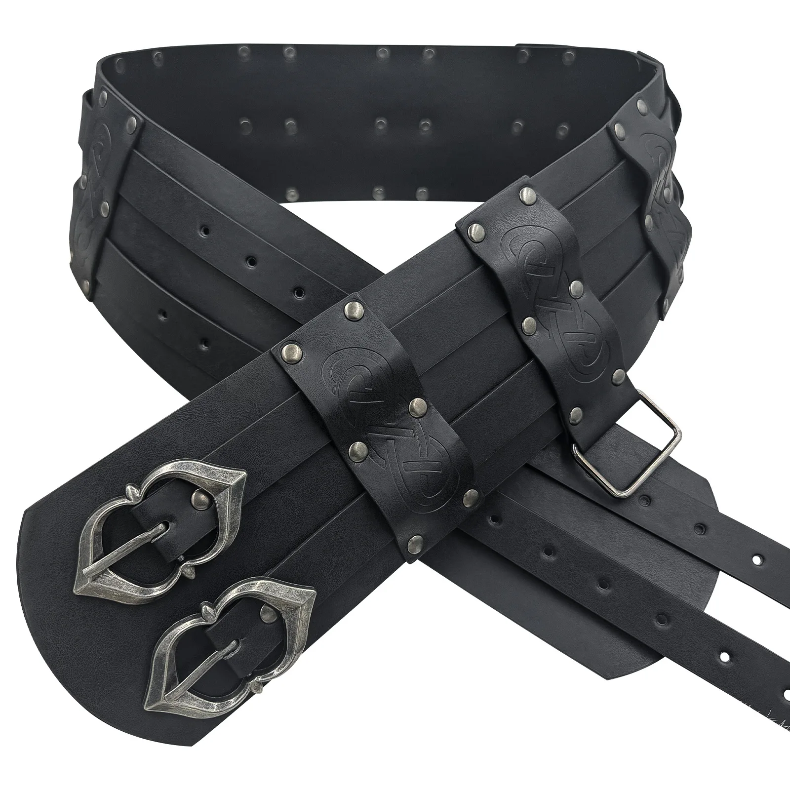 Medieval Viking Retro Wide Belt, PU Leather Double-Buckle Embossed Waist Belt, Adjustable Wide Belt, Unisex Renaissance Costume Accessories