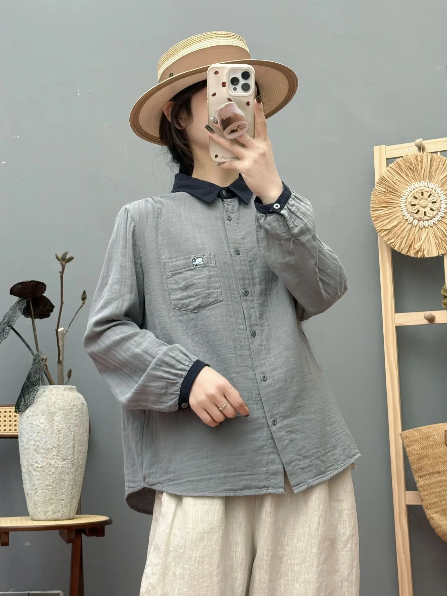 ใหม่2025ฤดูร้อนเส้นด้ายฝ้ายเสื้อแขนยาวผู้หญิงTurn-Down Collar Patchwork, Moriสาวเรียบง่ายนุ่มหลวมเสื้อt54815CC