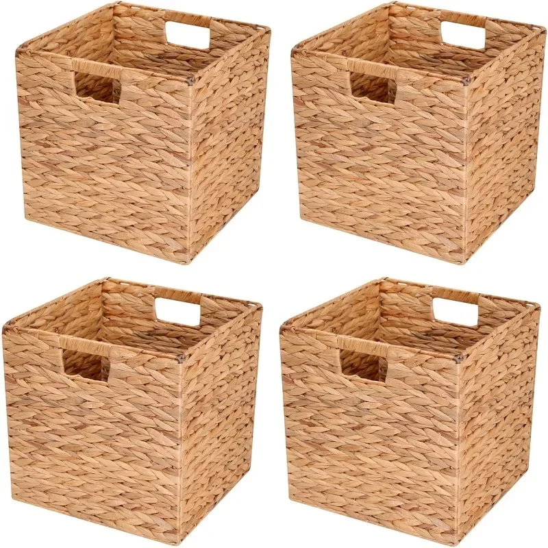 

Water Hyacinth Storage Baskets,Woven Bins for Bathroom, Bedroom, Laundry, Pantry, Shelves,Set of 4 Foldable Cube Organizers,