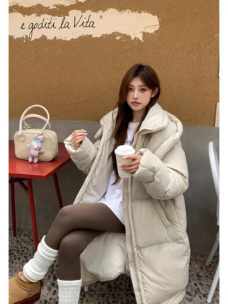 여성용 오버사이즈 롱 파카 겨울 코트, 한국 방풍 퍼퍼 재킷, 두꺼운 따뜻한 긴팔 지퍼 면 패딩 재킷, 단색