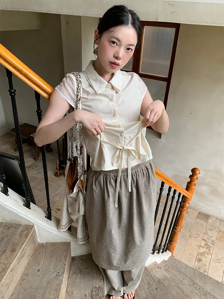 

Dorydory Lace Patchwork Double Collar ort Sve Slim Fit Chinese Sle Small Capita irt Women's Faion Summer Top