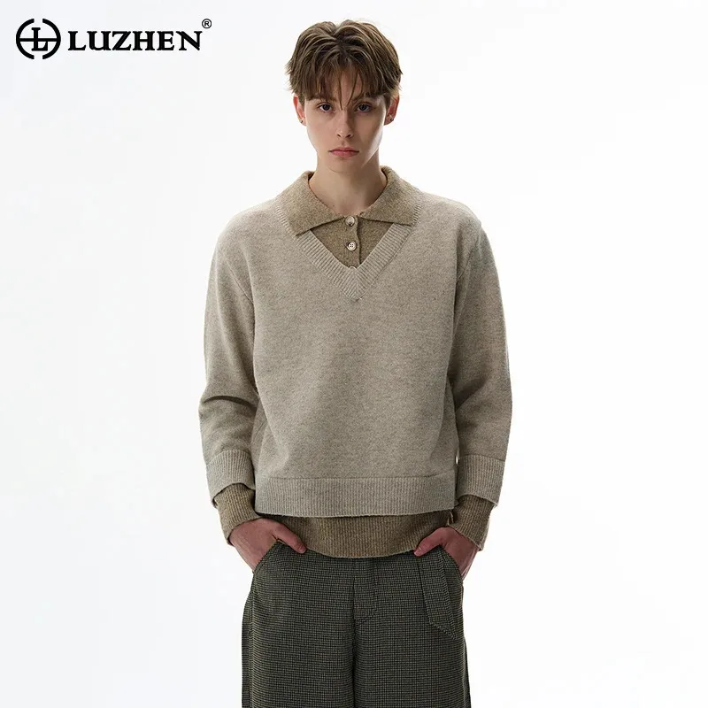 

LUZHEN Fashion Fake Two Piece Design Double Layer Long Sleeve Knitted Pullover Men's Elegant 2025 Handsome Social Sweater JY4100