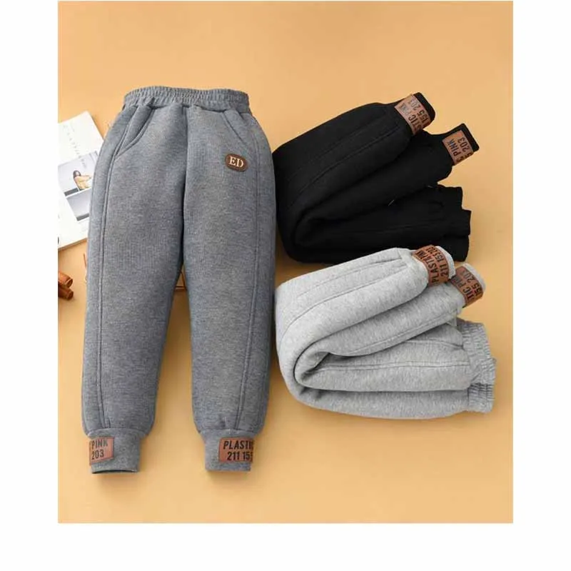 2024 New Boys Warm Thicken Pants High Quality Kids Plus Velvet Cotton Sweatpants Teens Autumn Winter Casual Trousers 4-14 Years