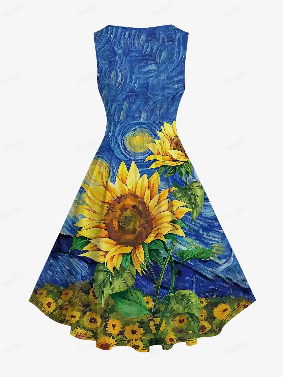 Plus Size 1950s Vintage Dress 6X Spring Summer Women Clothing Oil Painting Sunflowers Leaf Sea Waves Sun Printed Hawaii