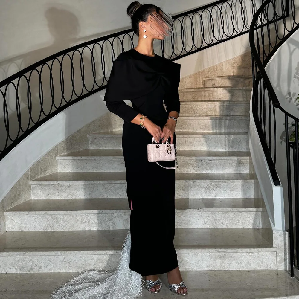 

Customized Temperament Jersey Straight Bow and Feathers Evening Dresses Crew Neck Long Sleeves Zipper Back Panel Train Formal