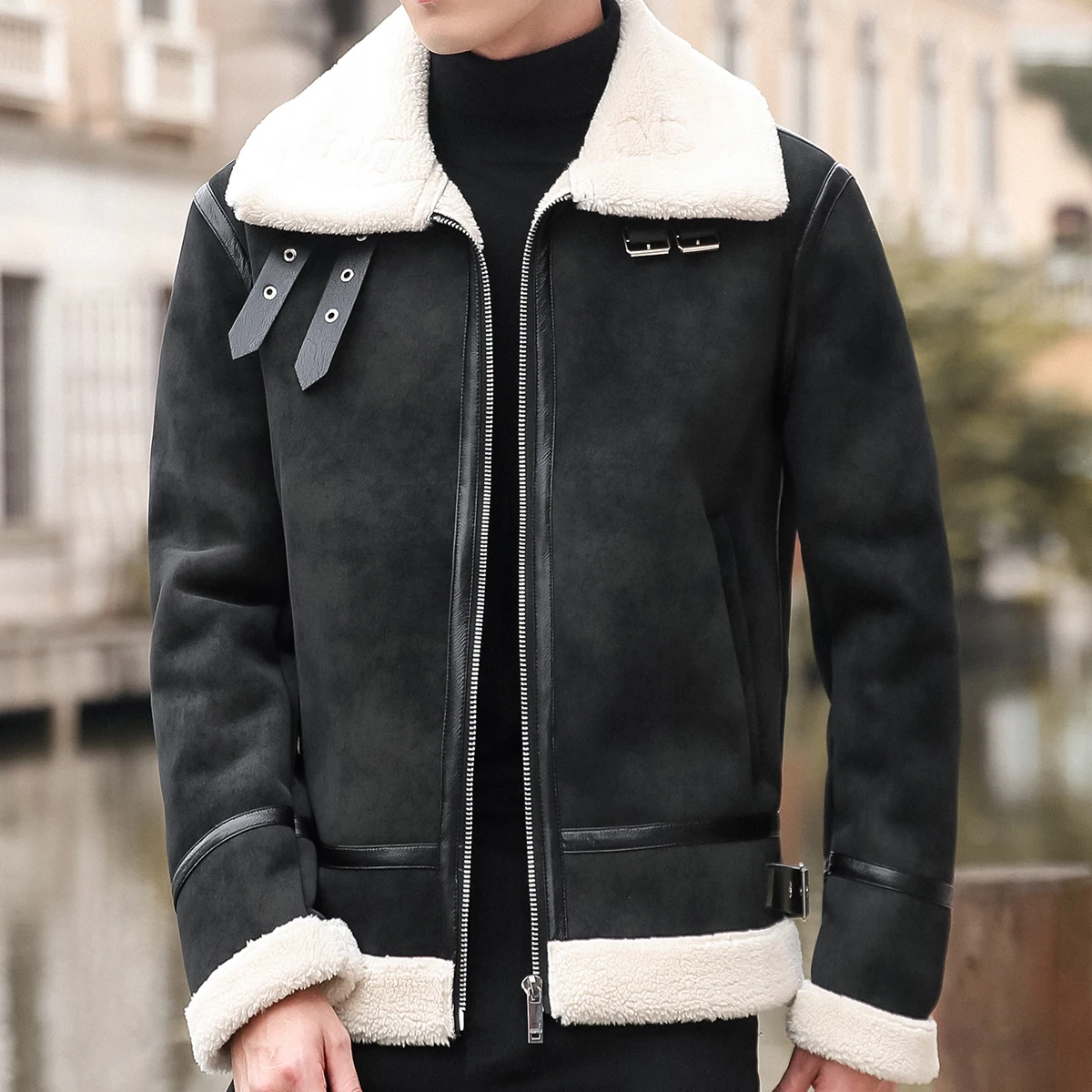 

Youth Men's Winter Thiened down Cotton Jaet Korean Sle Motorcycle Leather Jaet Lamb Fur Coat Winter Clothes