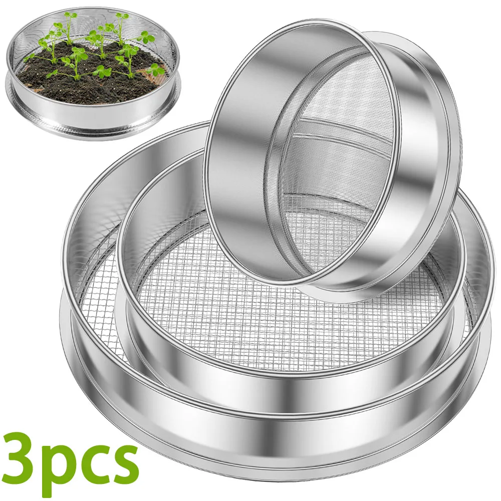 

3 шт., сито для почвы из нержавеющей стали, штабелируемый набор сито для почвы, многофункциональный садовый фильтр для почвы, многоразовые сита для садовой почвы