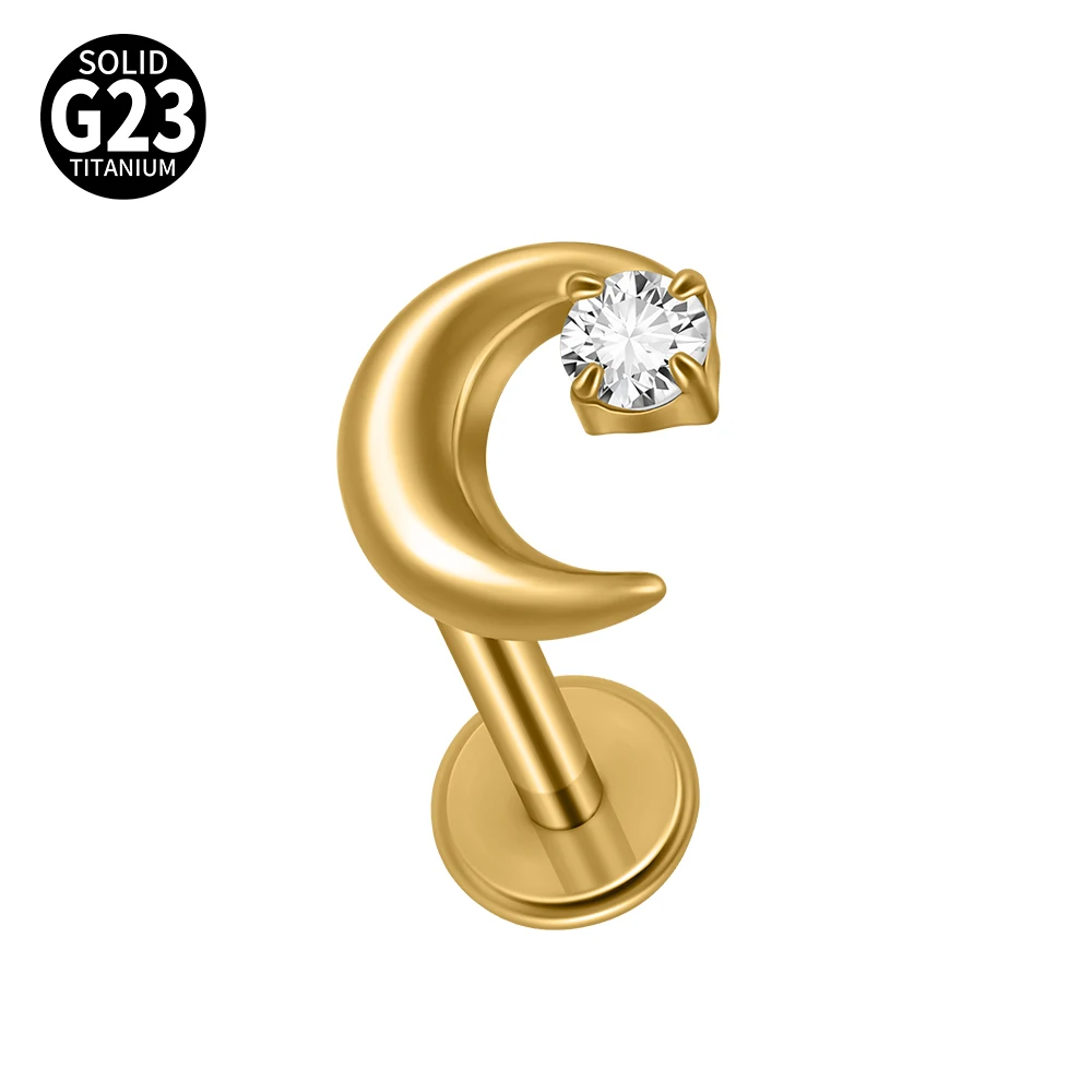 G23 Titanium Moon CZ Internal Thread Labret Piercing Earring