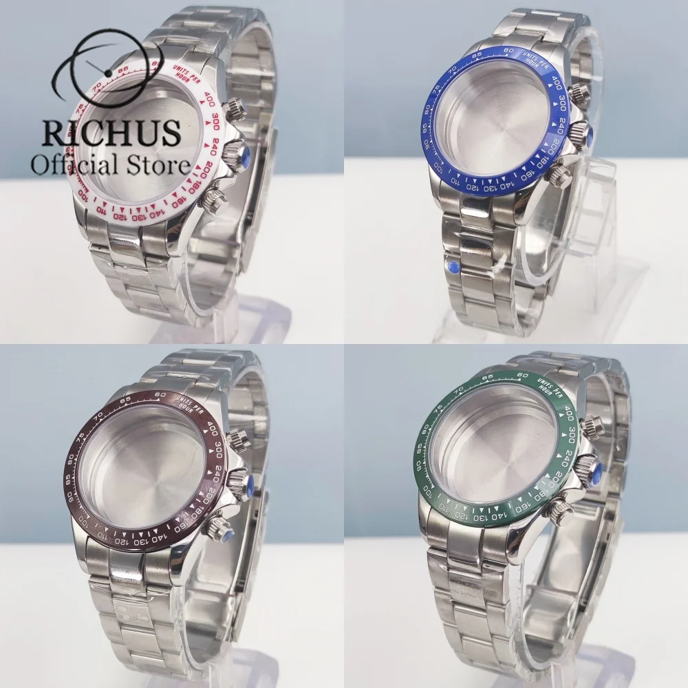 

RICHUS 40 мм серебряный корпус для часов из нержавеющей стали коричневый синий зеленый белый безель подходит для механизма VK63 VK64
