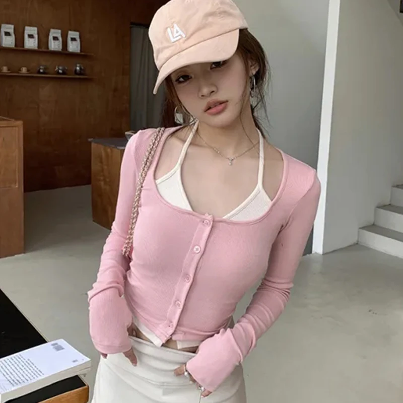 Bandage Two Piece Sets Women T Shirt Autumn Button Knitted Pink Ladies Crop Tops Sexy Long Sleeve Female Halter Top Tees