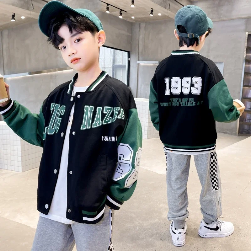 

4-14Y Boys Baseball Jacket Spring Autumn Sports Coats School Children Varsity Jacket Kids Letter Print Bomber Outerwear Black