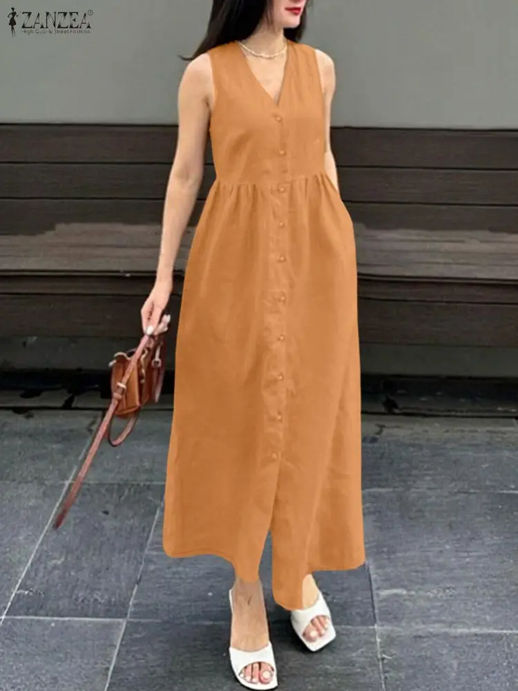 

ZANZEA Women Summer Long Dresses 2025 New Casual V-Neck Sleeveless Gathered High Waist Button Up Solid Color Commuting Sundress
