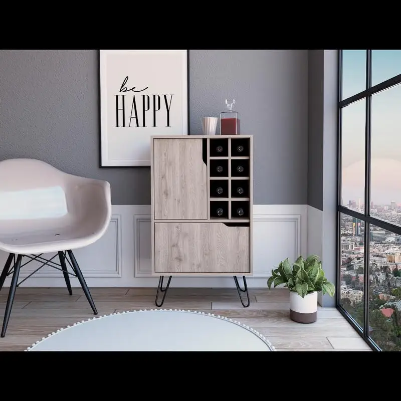 خزانة بار باللون الرمادي الفاتح مع باب واحد، رف نبيذ 8 زجاجات، 4 أرجل، تصميم حديث #1