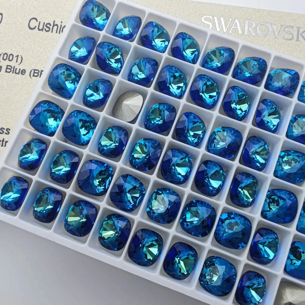 5A New Arrival Adhesive Bermuda Blue Nail Glass Rhinestones 10PCS Cushion Cut Strass Pointback DIY Crafts Crystal Stones