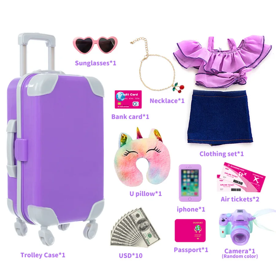 Mala de viagem para boneca de 18 polegadas, conjunto de bagagem de viagem, boneca americana, conjunto de mala de viagem, incluindo óculos de sol, câmera, brinquedos infantis