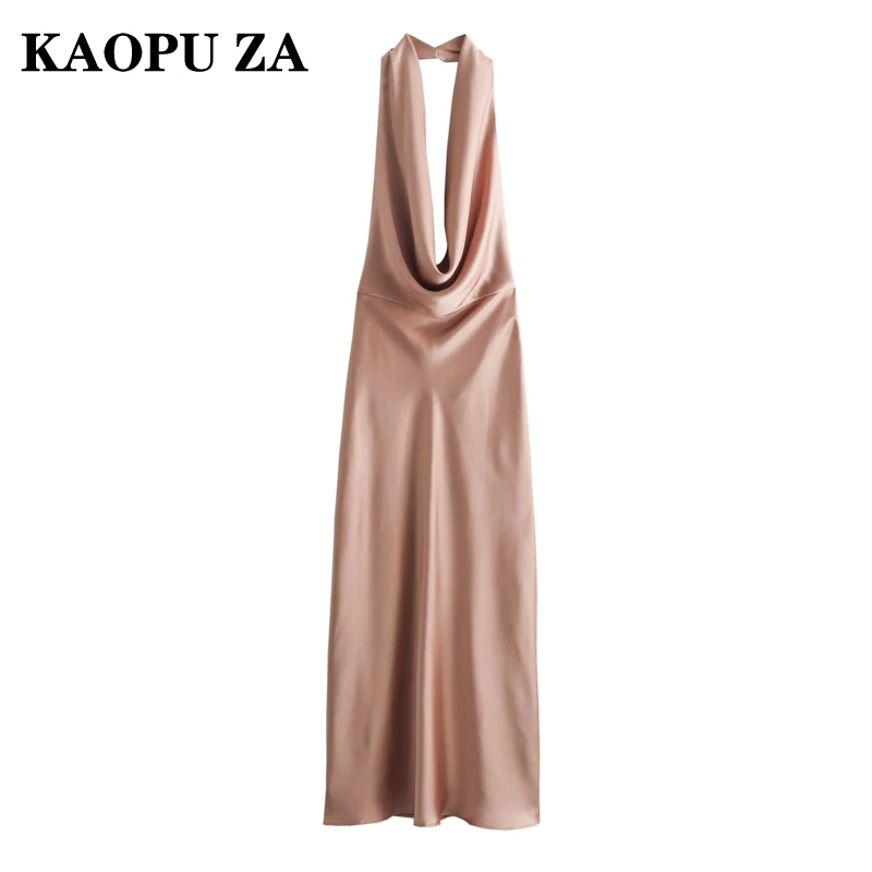 KAOPU ZA 2024 Sommer Frau Casual Einfarbig Ärmellose Satin Kleider Top Weibliche Mode Halter Kragen V-kragen Kleid Maxi Rock