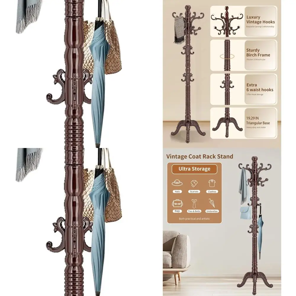 

Vintage Wooden Coat Rack with 14 Hooks, Freestanding Solid Wood Stand, Triangle Base for Home Entryway or Office