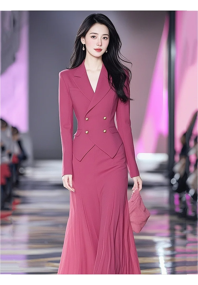 Traje de mujer a la moda primavera y otoño estilo coreano temperamento rosa traje rojo media falda elegante conjunto de dos piezas para mujer