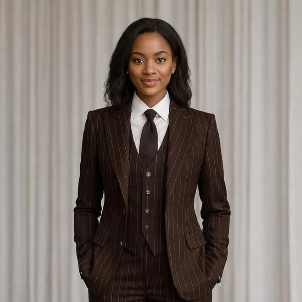 

Dark Brown Striped Women Suit 3 Piece Elegant Peak Lapel Single Breasted Wear Wedding Office Lady Daily Smart Casual Outfit