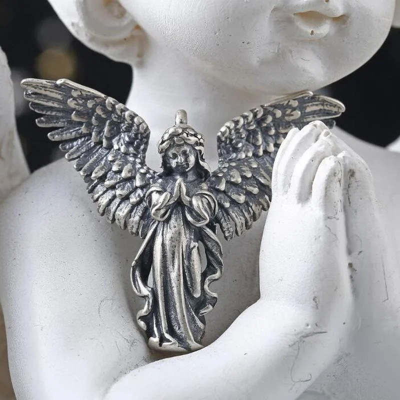 Vintage Gold color Wings Silver Color Angel Girl Distressed Pendant Necklace Charm Prayer Amulet Angel Girl Necklace