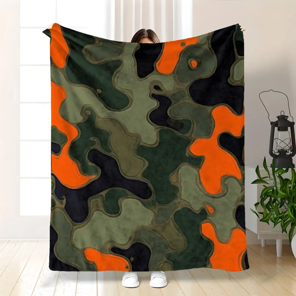 Manta de camuflaje naranja, patrón militar verde, negro y naranja, forro polar suave, acogedor regalo de decoración del hogar para entusiastas de la caza