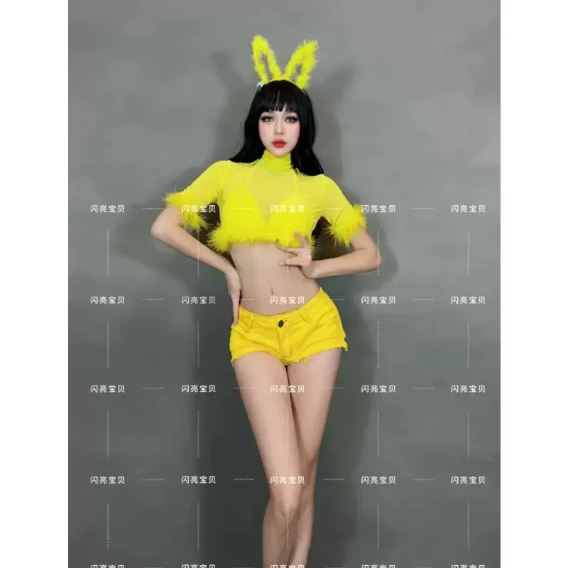 Yellow Fuzzy Mesh Short Top Denim Fringe Shorts Set with Light‑Up Bunny  Headband Women Nightclub Gogo Dancer Stage Performance