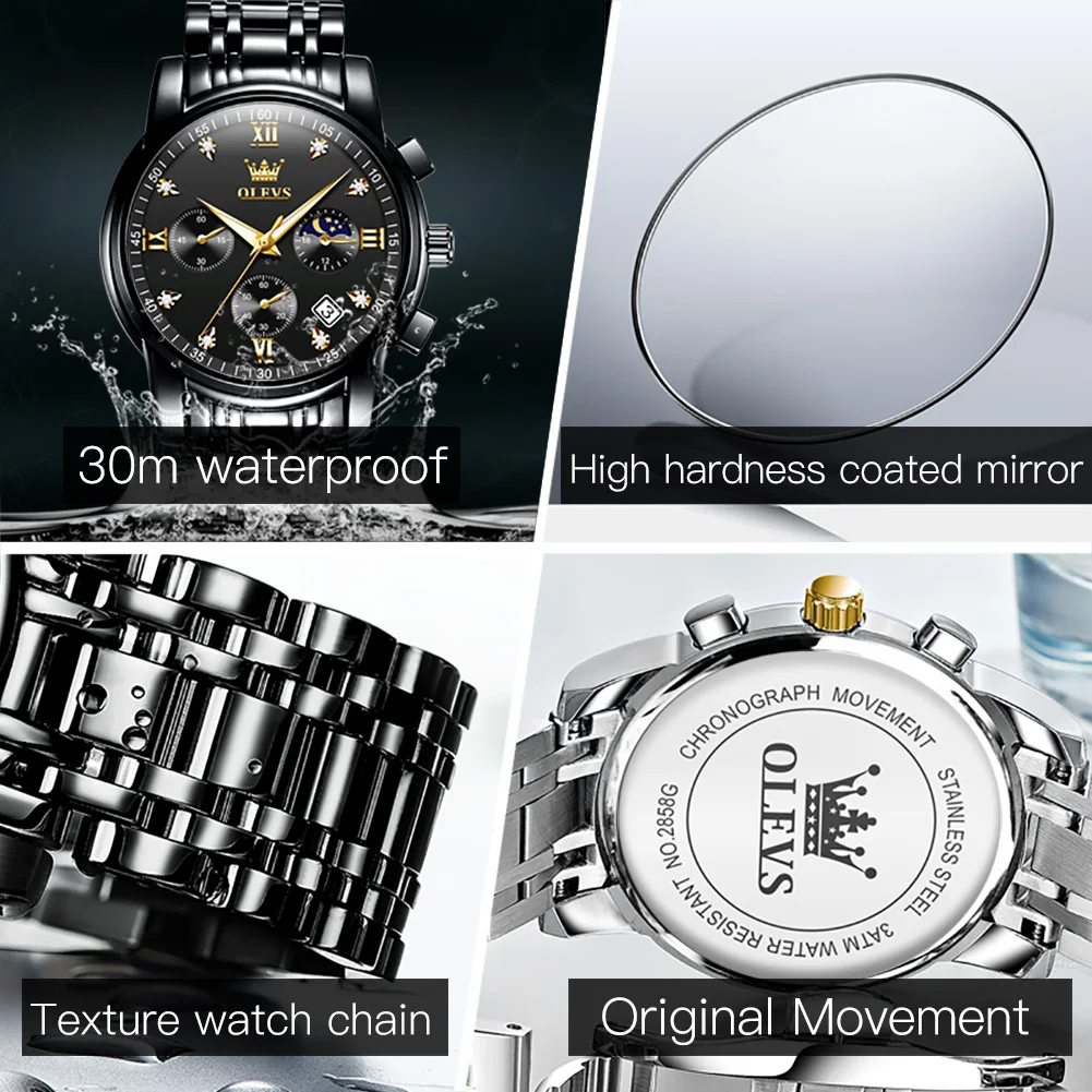 OLEVS Top Brand Luxury Man Watch Diamond Dial Moon Phase Quartz Watches For Men Stainless Steel Waterproof Men's Hand Clock 2858