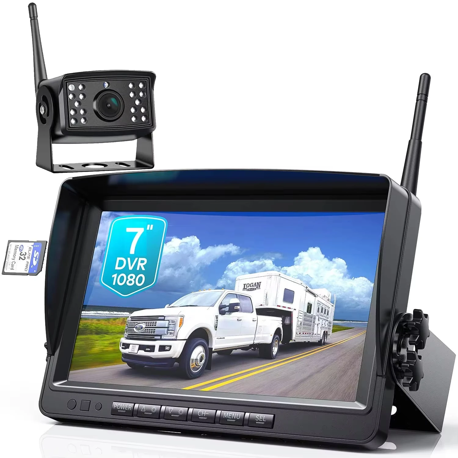 

Wireless Truck Backup Camera 1080P IP68 Waterproof 7 Inch Monitor with Parking Lines SD Card Recording for Semi Trailer RV