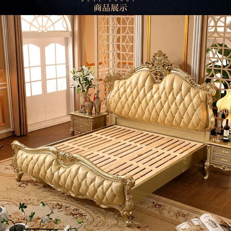 سرير من الجلد الأوروبي مصنوع من خشب البلوط الصلب وأثاث غرفة نوم رئيسية فاخرة من الجلد الأوروبي والأمريكي