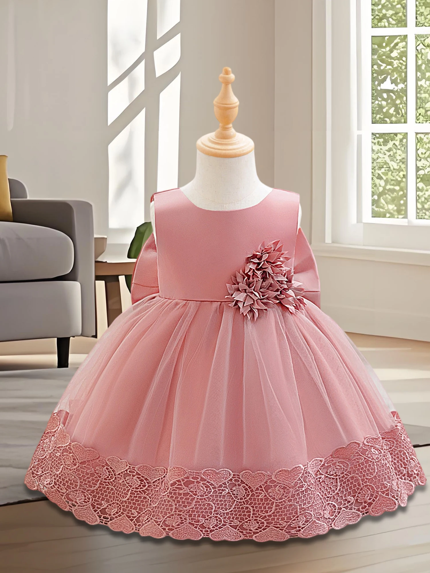 

Girls Princess Satin Ball Gown with Floral Embroidery and Big Bow Detail Sleeveless Party Dress for Birthday or Wedding