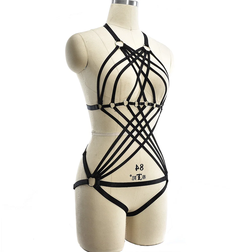 

Black Hollow Elastic Body Harness Set Bondage Sexy Lingerie Body Cage Bodysuit G-string Halloween Dance Rave Adjust Harness