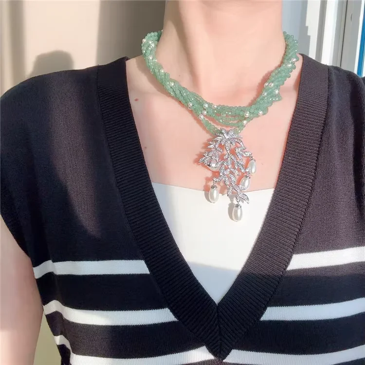 

Multi-Layer Natural Aventurine Jade With Pearl Collarbone Necklace CZ Pendant