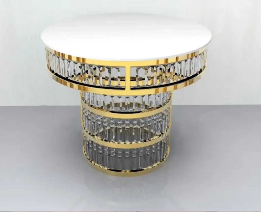 

High end wedding furniture, stainless steel glossy gold wedding circular cake table with crystal table, stage birthday party cr