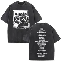O-Oasis Live 25 Tour banda de Rock británica Vintage camiseta lavada hombres mujeres ropa algodón pantalón corto Casual camisetas de manga ropa de calle