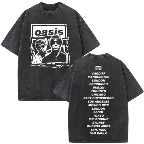 O-Oasis Live 25 Tour banda de Rock británica Vintage camiseta lavada hombres mujeres ropa algodón pantalón corto Casual camisetas de manga ropa de calle