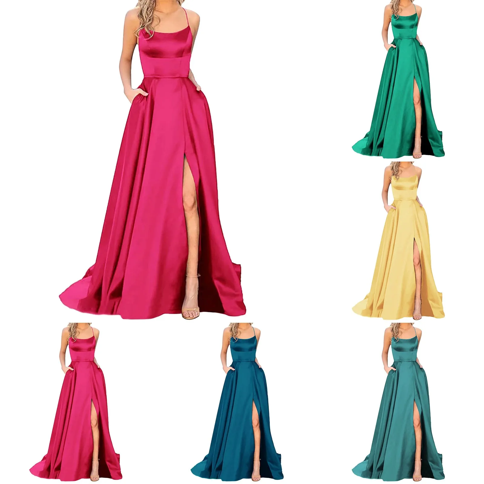 Women'S Backless Satin Halter Ball Dress Spaghetti Straps High Waisted Side Slit Sexy Evening Dress Elegant Banquet Dress