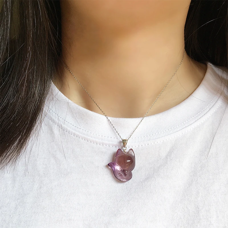 

Natural Amethyst Fox Pendant Necklace Reiki Healing Crystal Gem Stone Necklaces Pendant Protection Amulet ForWomen Charm Jewelry