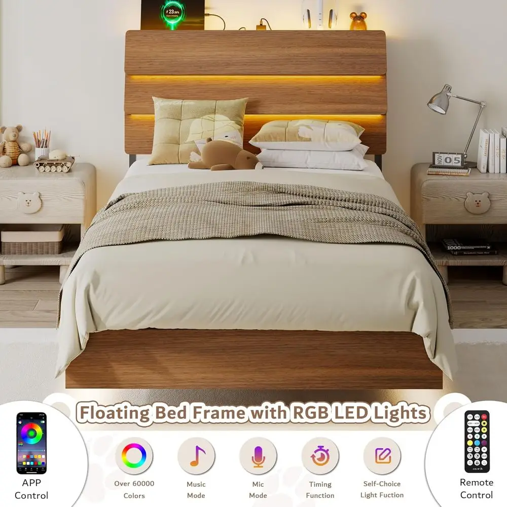 سرير بمنصة من خشب الجوز بإطار معدني مزدوج، وأضواء LED، ومحطة شحن، ولوح رأسي للتخزين الخشبي، وشرائح شديدة التحمل، بدون صندوق Spri