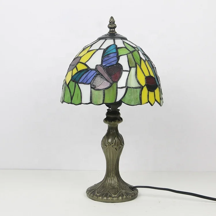 LongHuiJing Tiffany Style Table Lamp Antique Base light 8 Inch Retro Sunflower Stained Glass Reading Lamps High End Quality