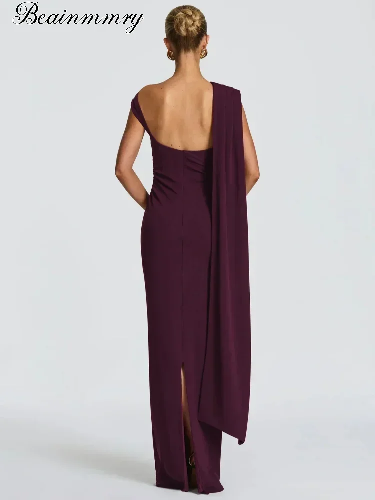 エレガントなワンショルダーロングスカーフドレス女性ファッションノースリーブソリッドスリムプリーツマキシドレス2026レディースイブニングパーティーワンピース