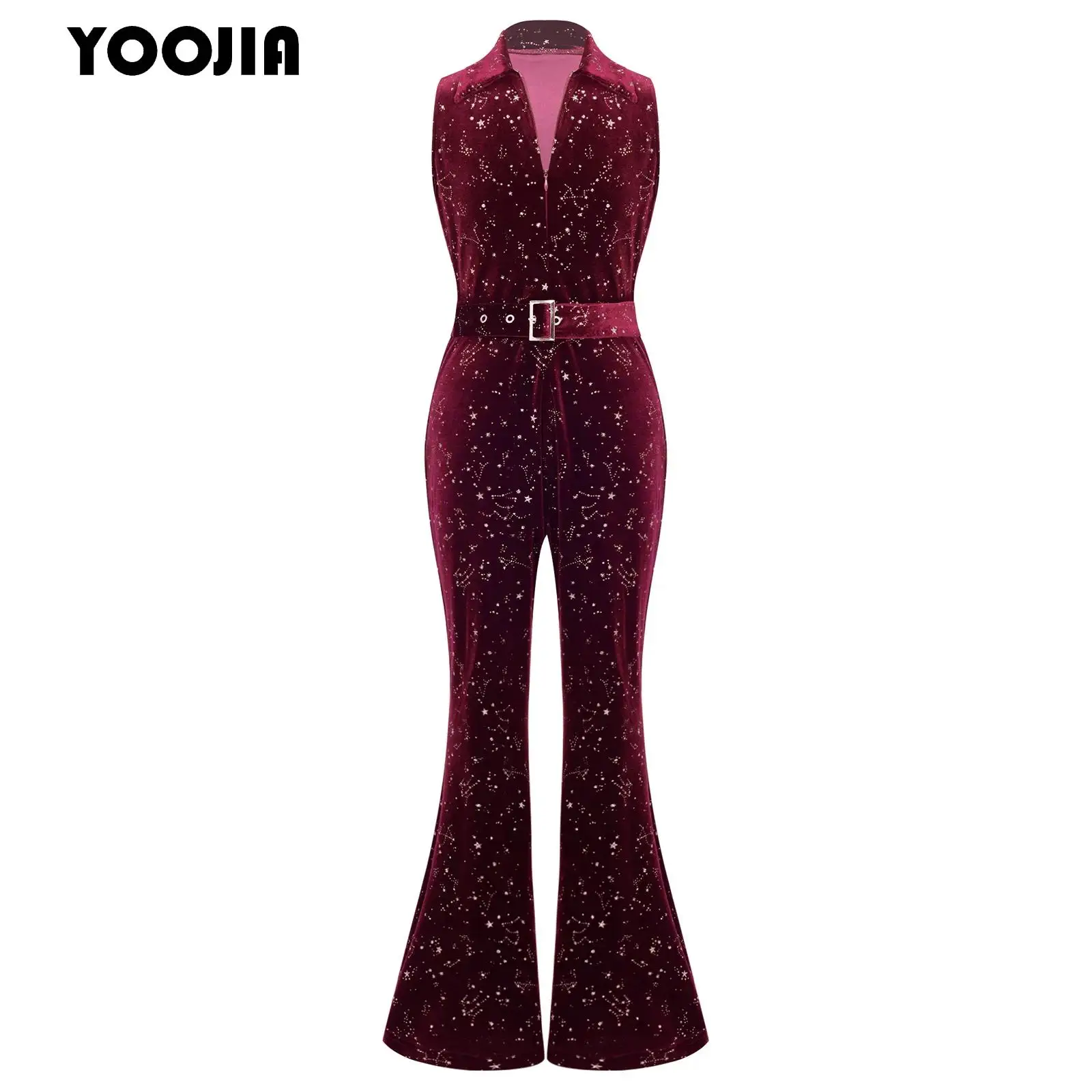 

Elegant Girls Disco Sparkly Velvet Jumpsuit Sleeveless Long Flare Pants +Waitbelt for Kids Formal Dinner Birthday Party Rompers