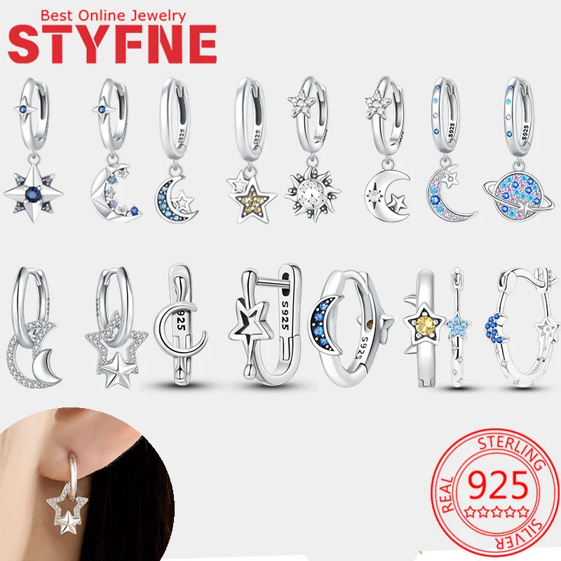 

925 Silver Women's Earrings Star Sun Moon Earrings Hoop Earrings for Women CZ Earrings Cute Drop Earrings Best Gift