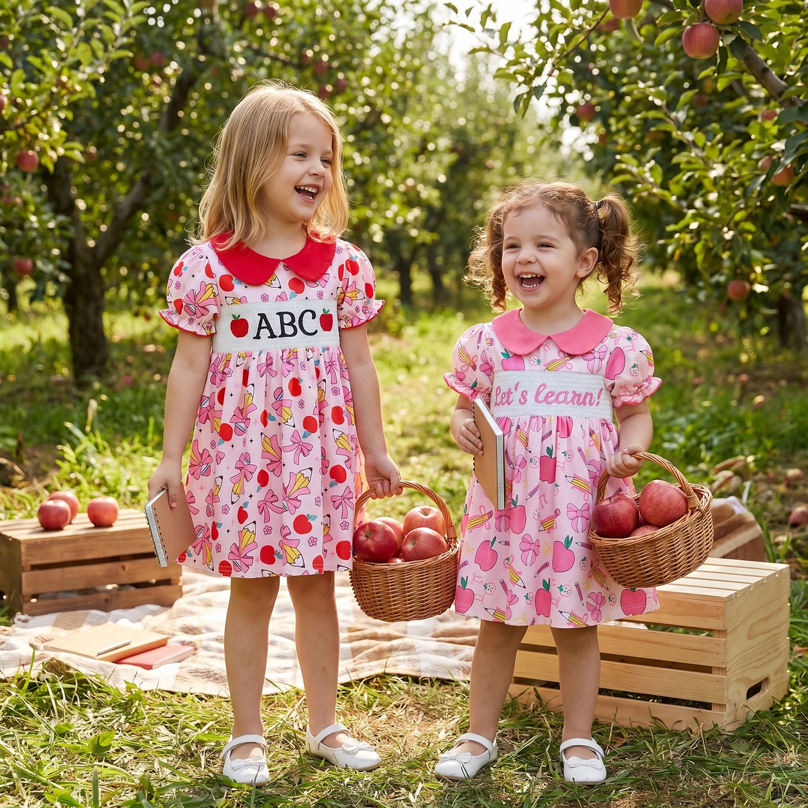1-6Y Toddler Baby Girls Summer Dress Back to School Apple Pencil Print Doll Collar Short Bubble Sleeve Dress Sundress
