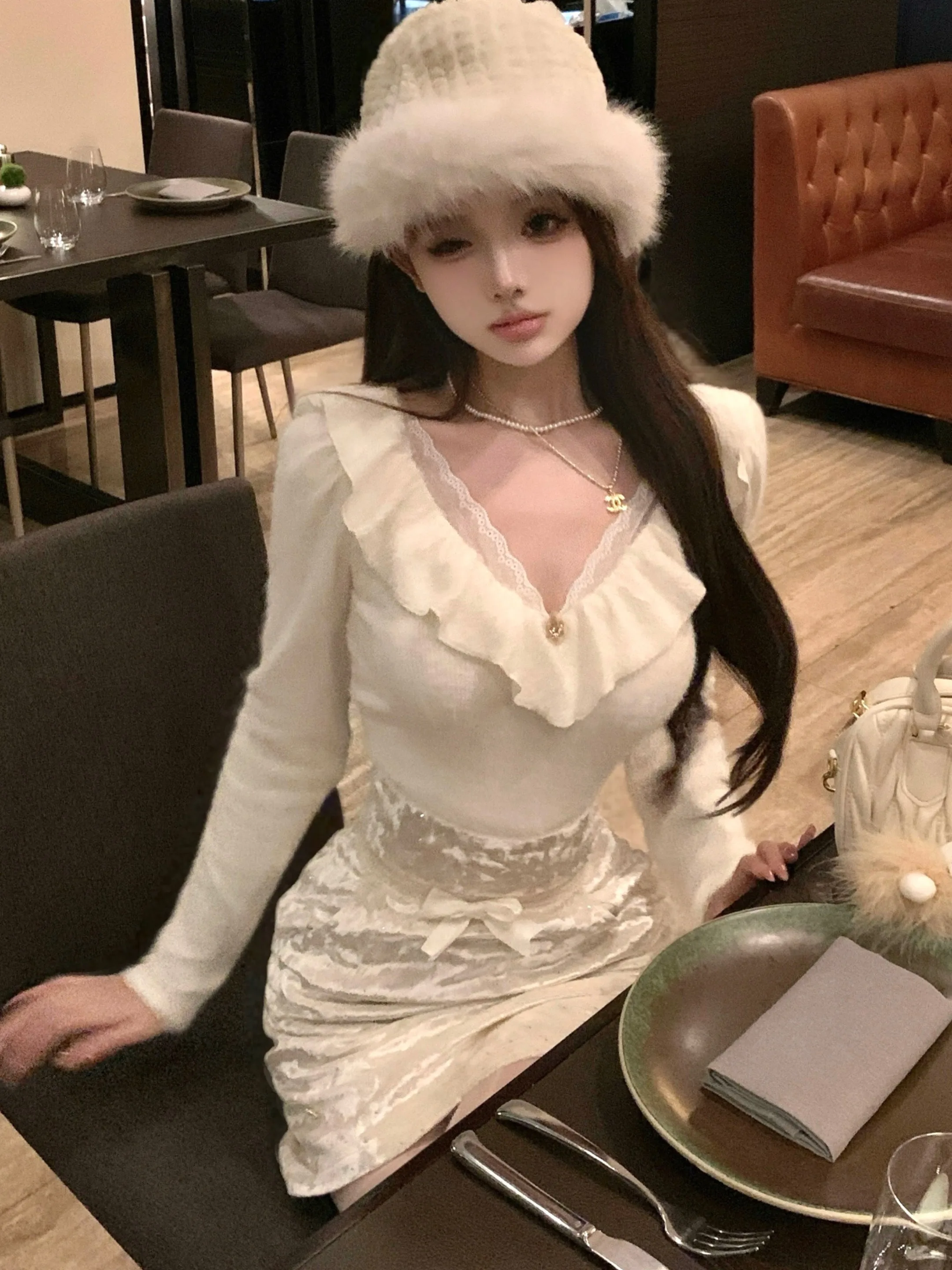 

Pure Desire Wind Lotus Le, кружевной лоскутный топ с v-образным вырезом, трикотажный топ с высокой талией, бархатная юбка с запахом, женский комплект