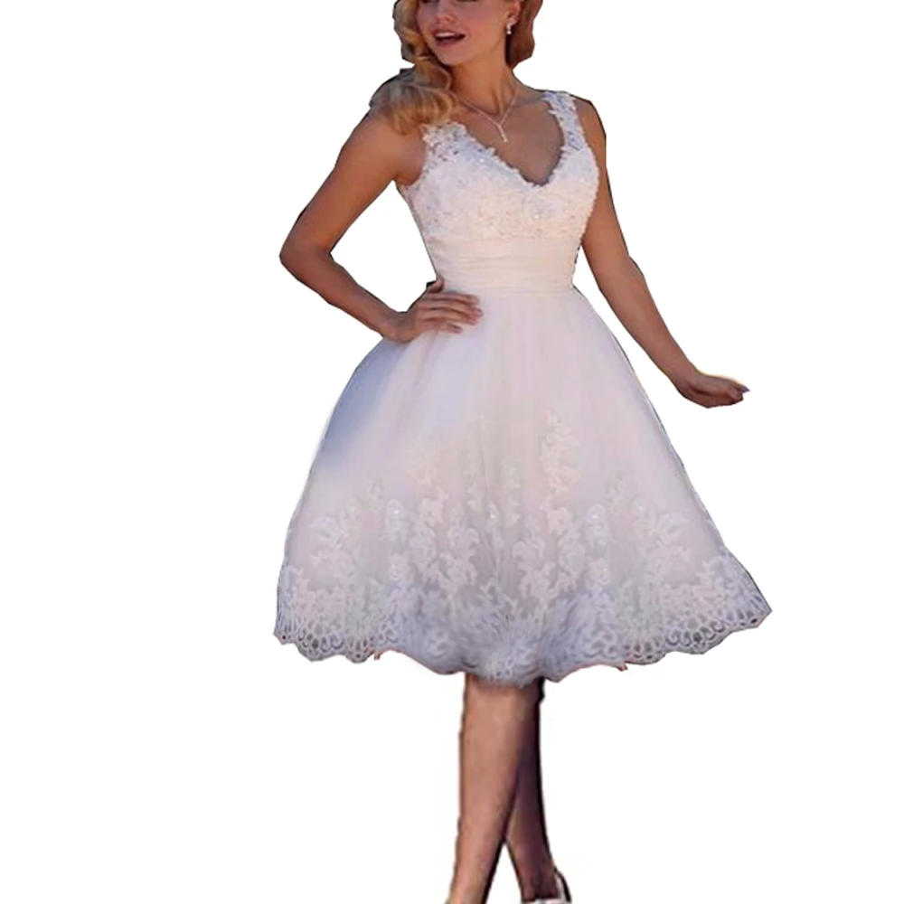 Sexy Korte Trouwjurken Knielengte V-hals Tulle Lace Kralen Formele Elegante Vrouwen Bridal Bruidsjurken