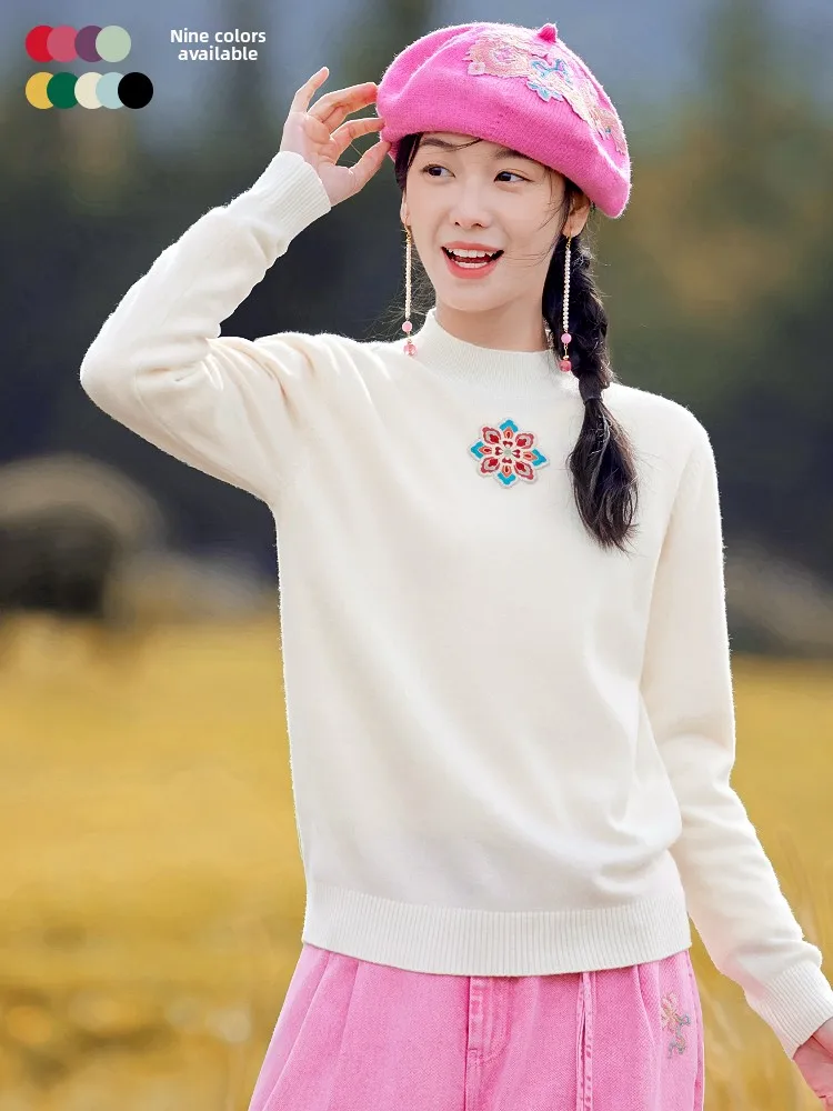 

Original National Sle Embroidered Woolen Knitted Sweater Women's Casual Retro f High Collar Winter Warm Long Sve Top