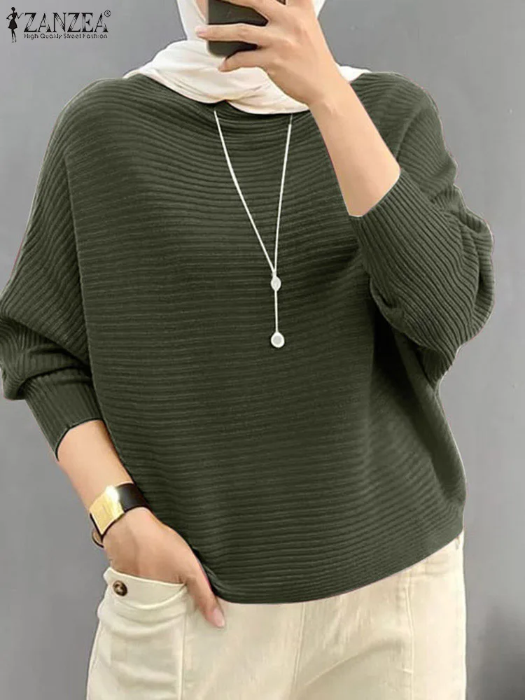 ZANZEA Fashion Women Autumn O Neck Long Sleeve Tops Solid Knitted Shirt Casual Ribbed Blouse Muslim Blouses Pullover Mujer Femme